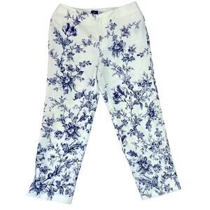 Saks Fifth Avenue Sport Pants Women's Size 8 Linen Floral White Blue